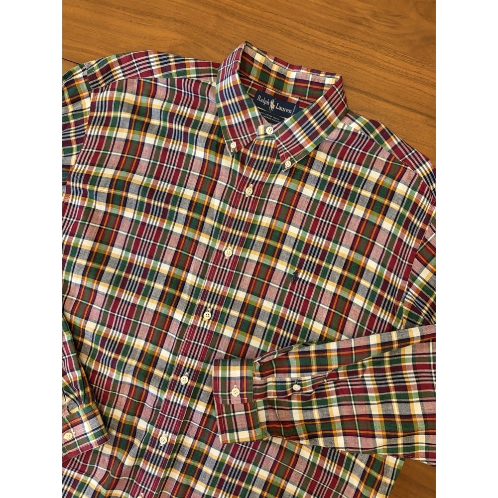 Vintage Polo Ralph Lauren Madras Shirt Men XL/2XL Madras Red Green Plaid 80s 90s